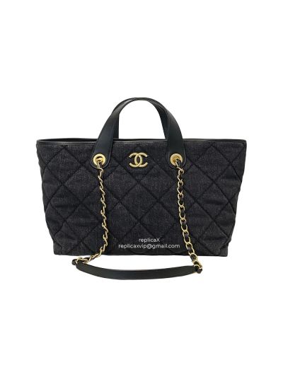 Chanel Shopping Tote Shoulder Bag Black Washed Denim Fabric A7726