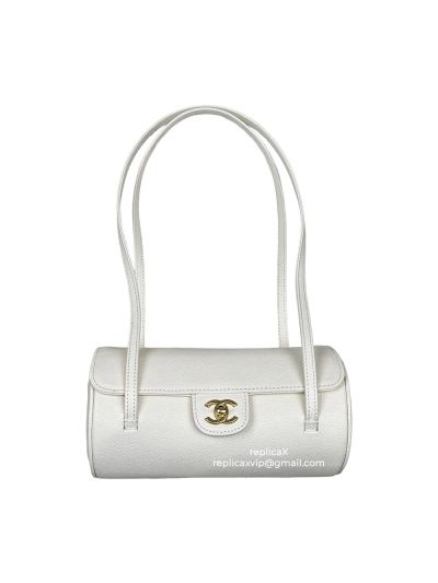 Chanel Preppy Coco Bowling Top Handle Bag White Shiny Caviar Brushed Leather A7705