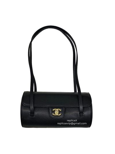 Chanel Preppy Coco Bowling Top Handle Bag Black Shiny Caviar Brushed Leather A7705