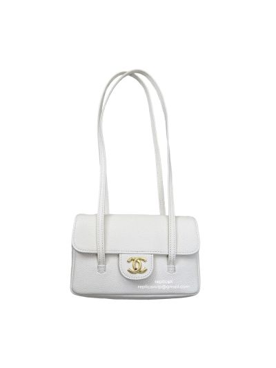 Chanel Mini Flap Bag with Top Handle White Grained Shiny Calfskin Leather A7702 