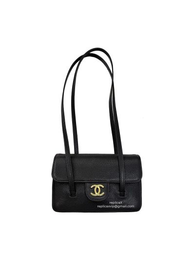 Chanel Mini Flap Bag with Top Handle Black Grained Shiny Calfskin Leather A7702