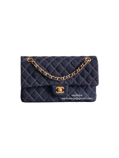 Chanel Dark Blue Denim Medium Flap Shoulder Bag AS1112