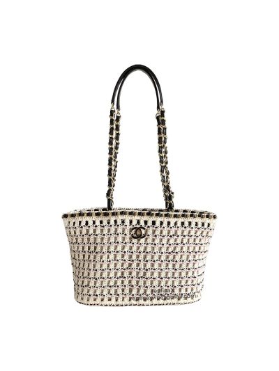 Chanel Coco Mark Fabric Small Cotton Shopping Tote Bag White Black AS5235