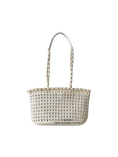 Chanel Coco Mark Fabric Small Cotton Shopping Tote Bag White Beige AS5235