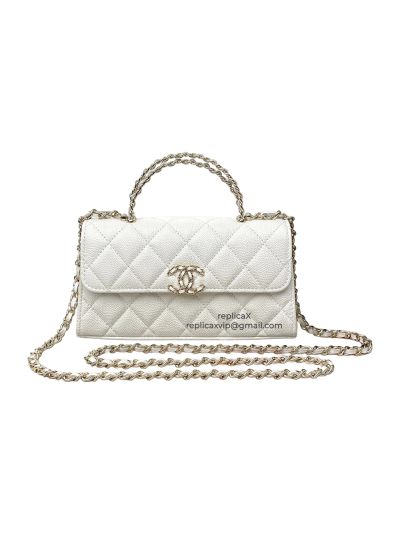 Chanel Caviar Quilted Chain Top Handle Phone Holder with Chain White A2302 
