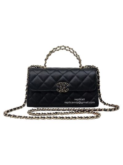 Chanel Caviar Quilted Chain Top Handle Phone Holder with Chain Black A2302