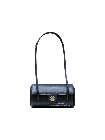 Chanel Vip Preppy Coco Small Bowling Top Handle Bag Black Shiny Caviar Brushed Leather AS6143