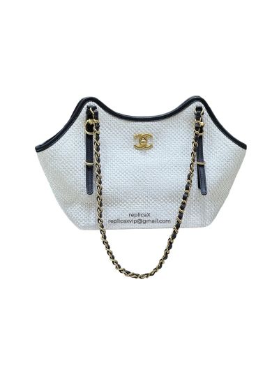 Chanel Vip Small Shopping Shoulder Bag White Braided Raffia AS6015