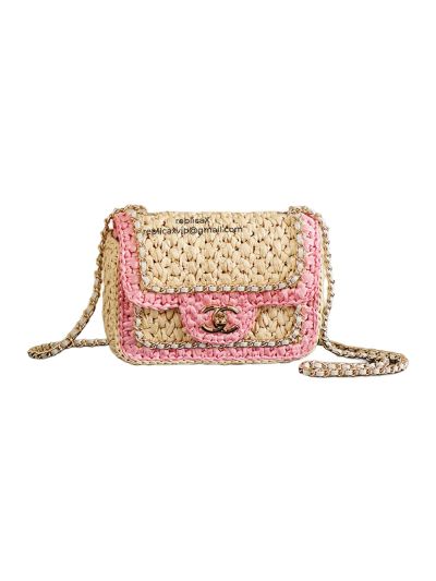 Chanel Raffia Venice Beach Mini Flap Bag Beige Pink