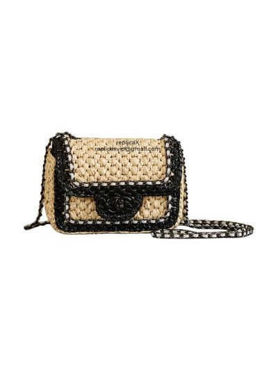 Chanel Raffia Venice Beach Mini Flap Bag Beige Black