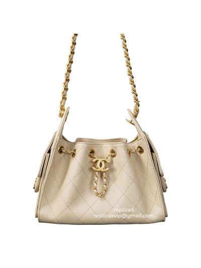 Chanel Vip 25 Mini Bucket Hobo Shoulder Bag Beige Grained Calfskin Leather