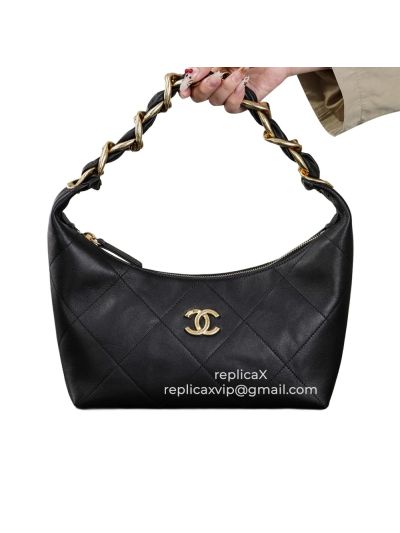 Chanel Vip CC Chain Hobo Shoulder Bag Black Calfskin Leather A2565