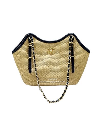 Chanel Vip Small Shopping Shoulder Bag Beige Braided Raffia AS6015