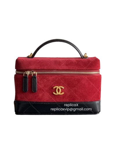 Chanel CC Vanity Case Shoulder Bag with Top Handle Red Suede and Black Quilted Leather AP5186