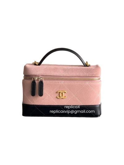 Chanel CC Vanity Case Shoulder Bag with Top Handle Light Pink Suede and Black Quilted Leather AP5186