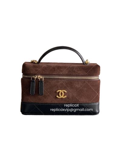 Chanel CC Vanity Case Shoulder Bag with Top Handle Brown Suede and Black Quilted Leather AP5186
