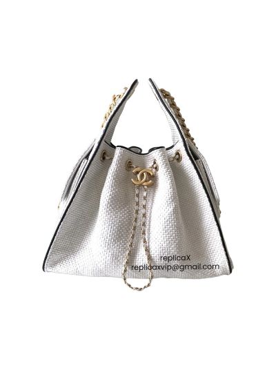 Chanel 25 Medium Hobo Shoulder Bag White Braided Raffia and Calfskin AS529