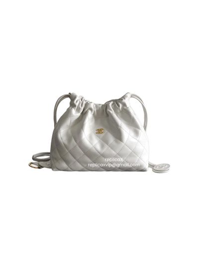 Chanel Drawstring Clutch Bag with Leather Strap White AP5228