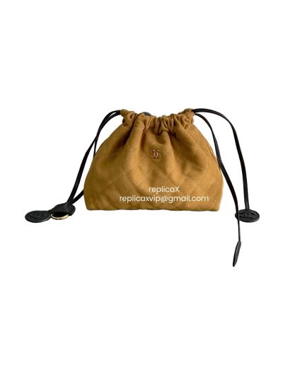 Chanel Drawstring Clutch Bag with Strap Brown Suede Leather AP5228