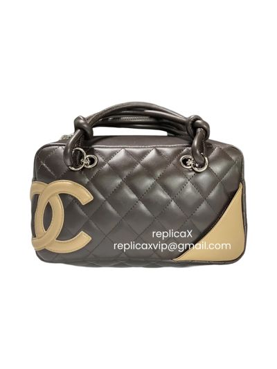 Chanel Small CC Logo Cambon Ligne Bowler Tote Bag Black Beige Quilted Leather AS25172