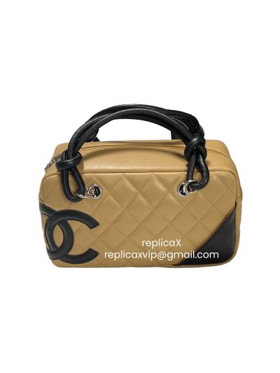 Chanel Small CC Logo Cambon Ligne Bowler Tote Bag Beige Black Quilted Leather AS25172