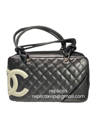 Chanel Medium CC Logo Cambon Ligne Bowler Tote Bag Black White Quilted Leather AS25171