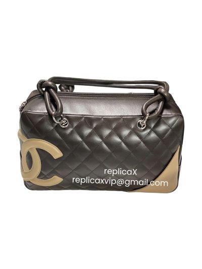 Chanel Medium CC Logo Cambon Ligne Bowler Tote Bag Black Beige Quilted Leather AS25171