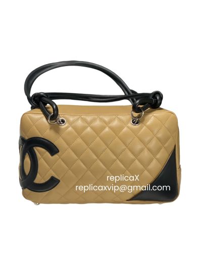 Chanel Medium CC Logo Cambon Ligne Bowler Tote Bag Beige Black Quilted Leather AS25171
