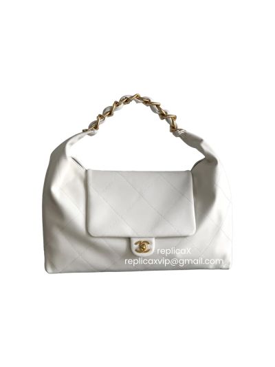 Chanel Medium Hobo Shoulder Bag White Quilted Shiny Calfskin Leather