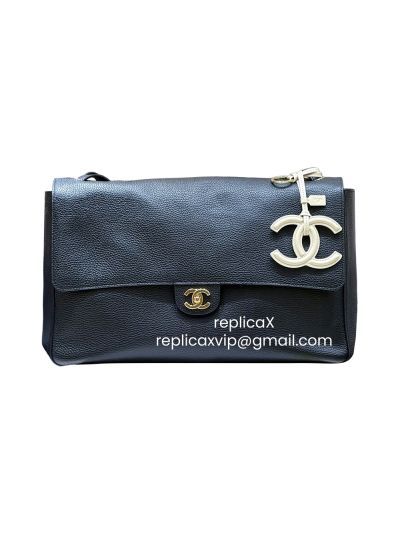 Chanel Vip Maxi Large Flap Shoulder Bag Black Grained Calfskin Leather AS6233