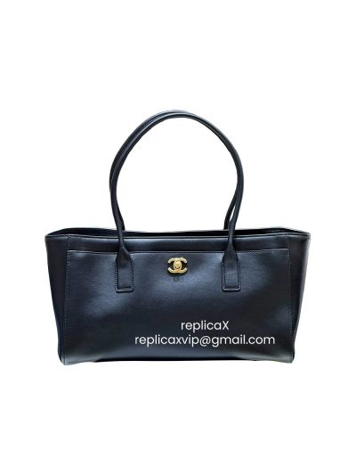 Chanel Vip Large Executive Cerf Shopping Tote Bag Black Calfskin Leather AS6243