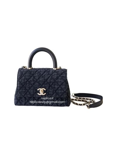 Chanel Mini Washed Denim Black Coco Handle Clutch Flap Bag with Chain AS2215
