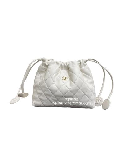 Chanel Quilted Leather Drawstring Clutch Bag with Strap White