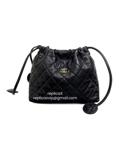 Chanel Quilted Leather Drawstring Clutch Bag with Strap Black 