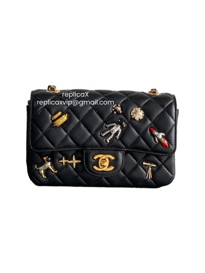 Chanel Mini Classic Flap Bag with Lucky Charms Black Quilted Lambskin Leather A1116