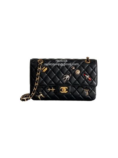 Chanel Medium Classic Flap Bag with Lucky Charms Black Quilted Lambskin Leather A1112