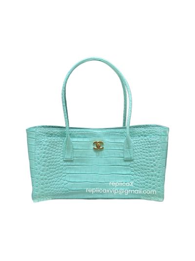 Chanel Vip Large Executive Cerf Shopping Tote Bag Tiffany Blue Crocodile Embossed Leather AS6243