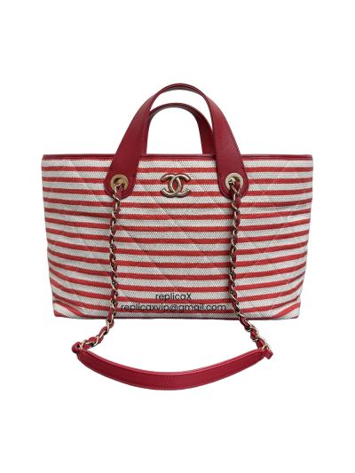 Chanel Large Deauville Shopping Tote Bag Red Canvas and Leather AS6007
