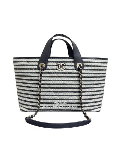 Chanel Large Deauville Shopping Tote Bag Navy Blue Canvas and Leather AS6007