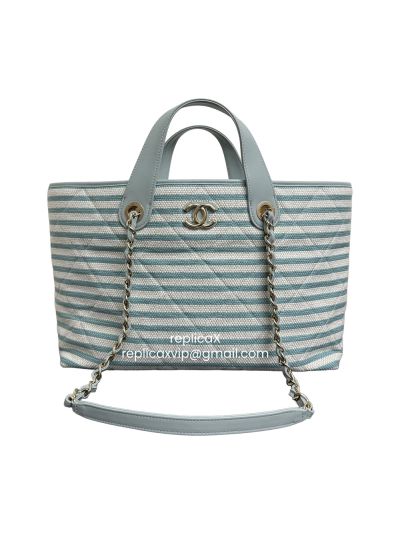 Chanel Large Deauville Shopping Tote Bag Light Blue Canvas and Leather AS6007