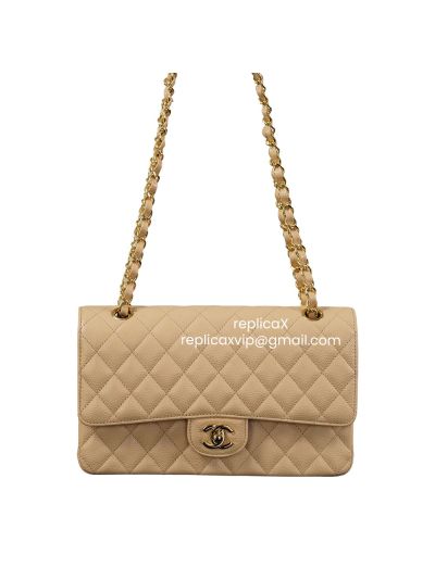 Chanel Vip Medium Flap Shoulder Bag Beige Caviar Leather A1112