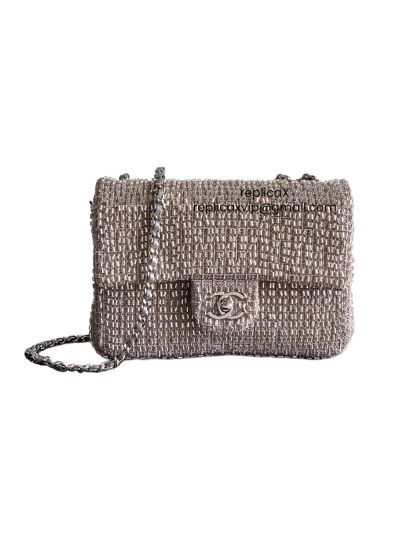 Chanel Evening Flap Shoulder Bag Silver Metal Knit Pearls
