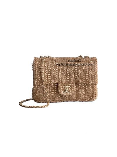 Chanel Evening Flap Shoulder Bag Gold Metal Knit Pearls