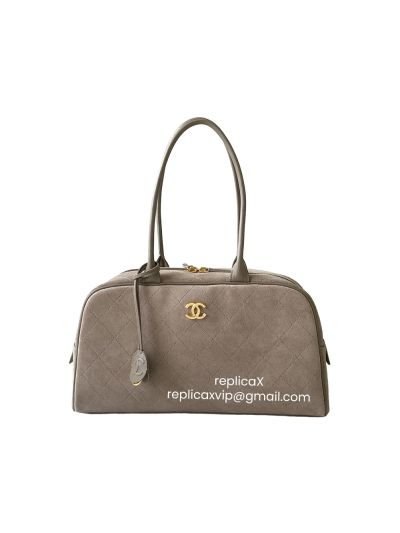 Chanel Suede Calfskin Leather Large Perfect Bowling Bag Light Gray AS6211