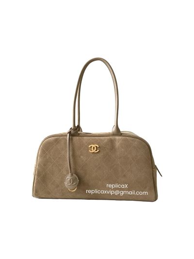 Chanel Suede Calfskin Leather Large Perfect Bowling Bag Beige AS6211