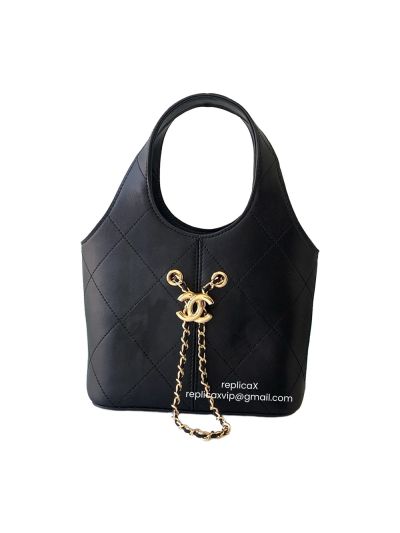 Chanel Small Shopping Tote Bag Black Calfskin Leather AS6132