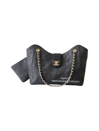 Chanel Black Braided Raffia Shopping Bag AS6090