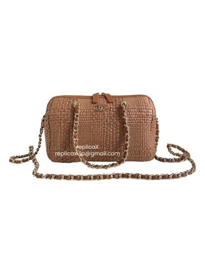 Chanel Mini Timeless Classic Clutch Chain Barrel Bag Brown Braided Raffia AS4474