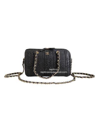 Chanel Mini Timeless Classic Clutch Chain Barrel Bag Black Braided Raffia AS4474