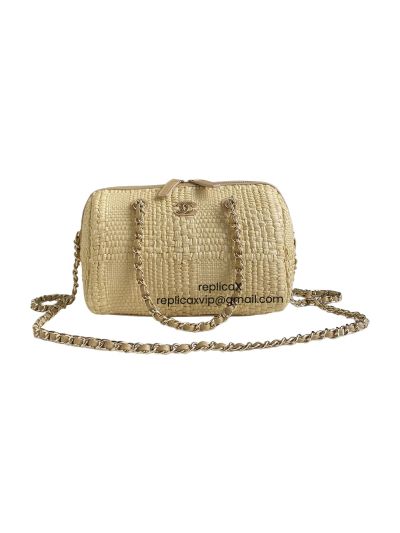 Chanel Mini Timeless Classic Clutch Chain Barrel Bag Beige Braided Raffia AS4474